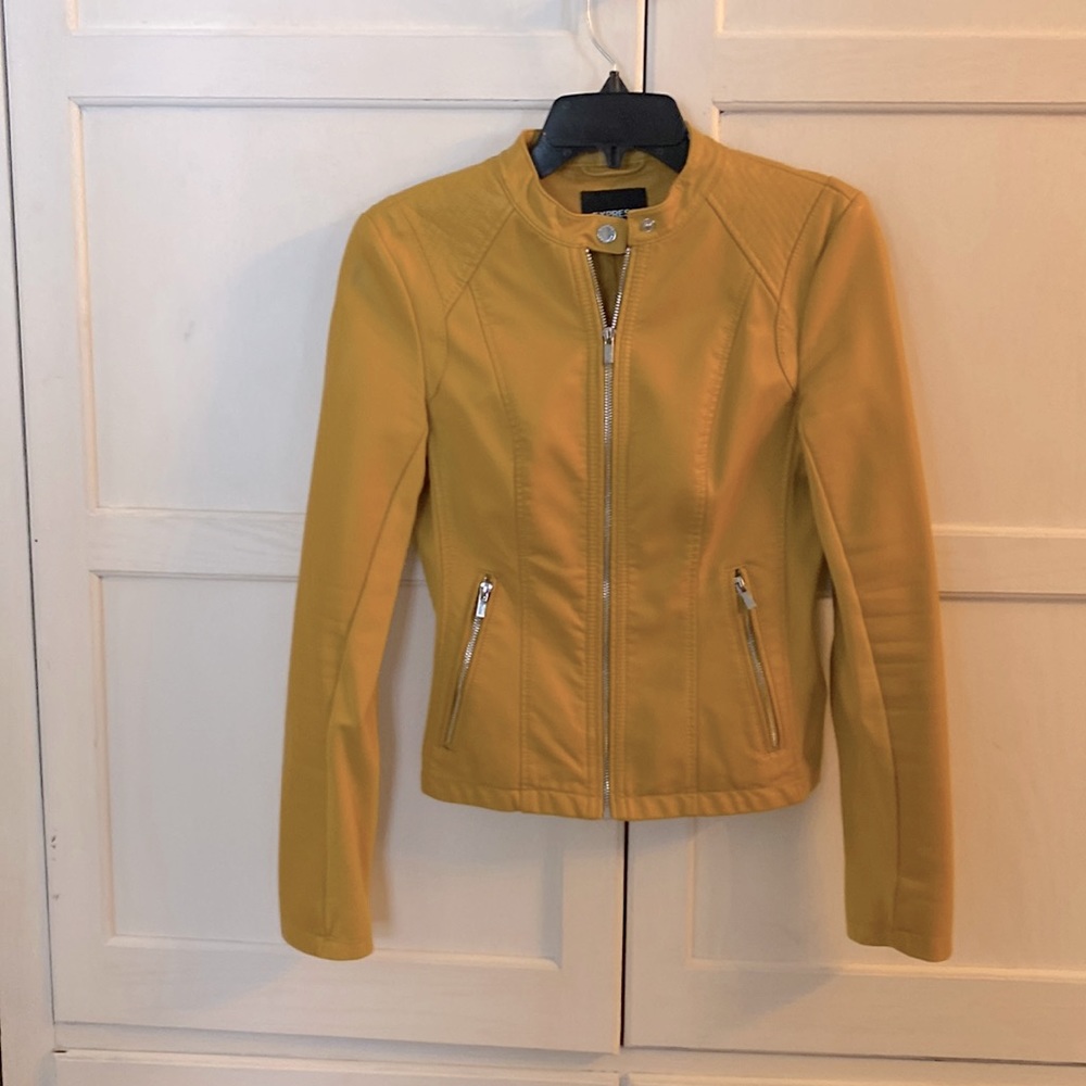XS mustard colored leather jacket from Express.